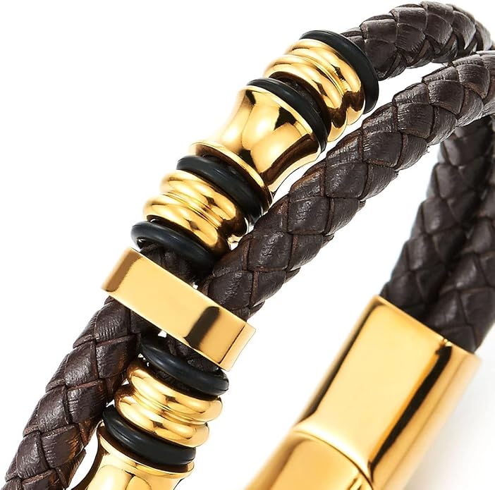 COOLSTEELANDBEYOND Mens Double-Row Braided Leather Bracelet Bangle Wristband with Stainless Steel Ornaments