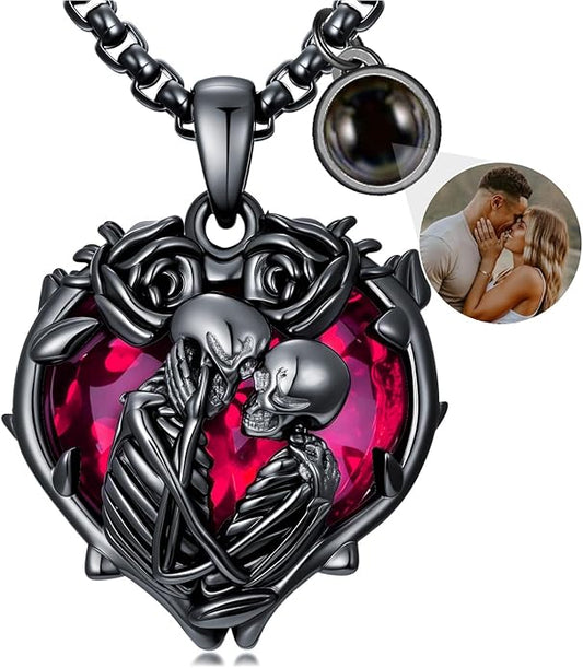 Flpruy 925 Sterling Silver Black Gothic Jewelry Gifts Skeleton Couple Pendant Crystal Birthstone Heart Necklace Punk Romantic Jewelry for Lover Men Women