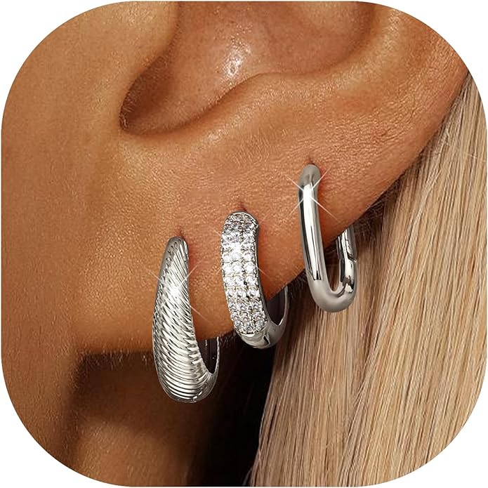 LOYALLOOK 3Pairs Gold Hoop Earrings Set for Women Trendy Huggie Hoop Earrings Stacks for Multiple Piercing 14K Gold Plated Chunky Hoop Earrings Set Hypoallergenic Cartilage Earring Lightweight