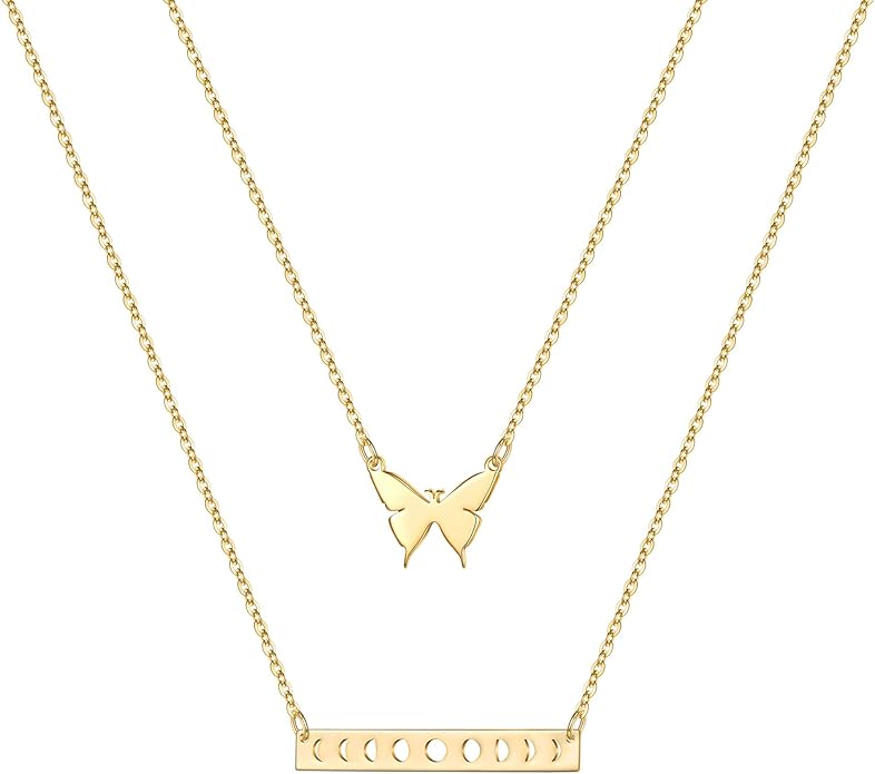 Turandoss Gold Layered Necklaces for Women - 14K Gold Plated Handmade Multilayer Bar Pearls Coin Disc Moon Butterfly Medallion Adjustable Dainty Layered Choker Necklaces for Women Jewelry