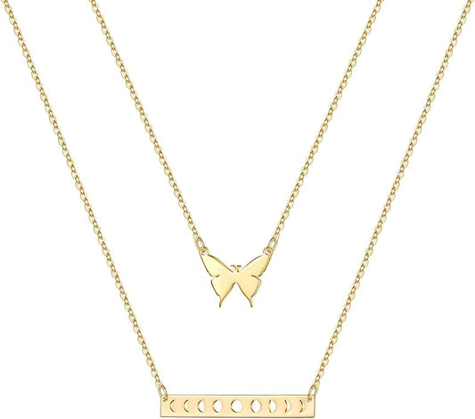 Turandoss Gold Layered Necklaces for Women - 14K Gold Plated Handmade Multilayer Bar Pearls Coin Disc Moon Butterfly Medallion Adjustable Dainty Layered Choker Necklaces for Women Jewelry