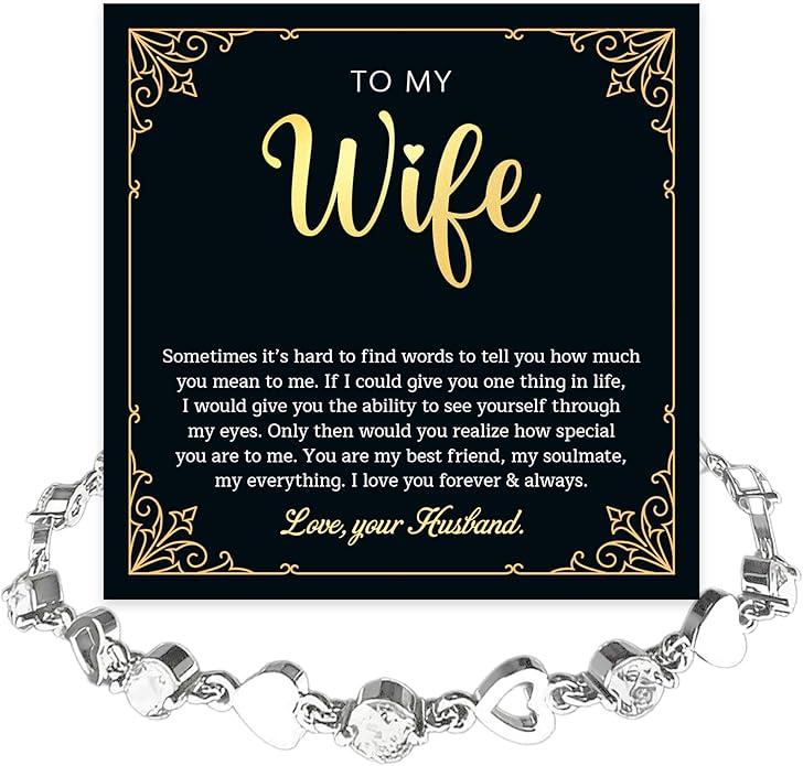 To My Wife Crystal Heart Bracelet Gift From Husband, Beautiful Wife Jewelry For Anniversary, Birthday, Christmas, Valentine’s Day, Bracelet For Her With Heartfelt Message & Elegant Box