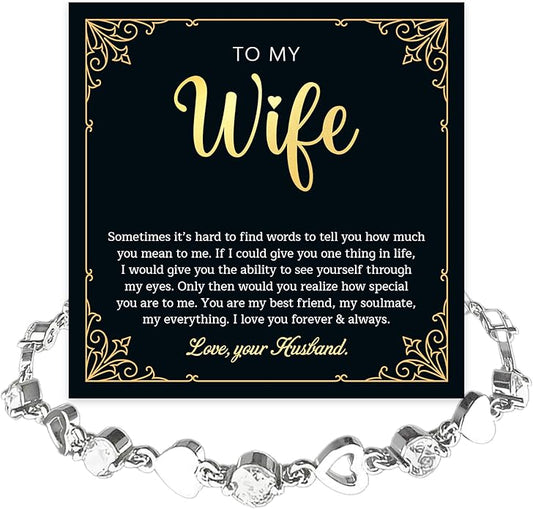 To My Wife Crystal Heart Bracelet Gift From Husband, Beautiful Wife Jewelry For Anniversary, Birthday, Christmas, Valentine’s Day, Bracelet For Her With Heartfelt Message & Elegant Box