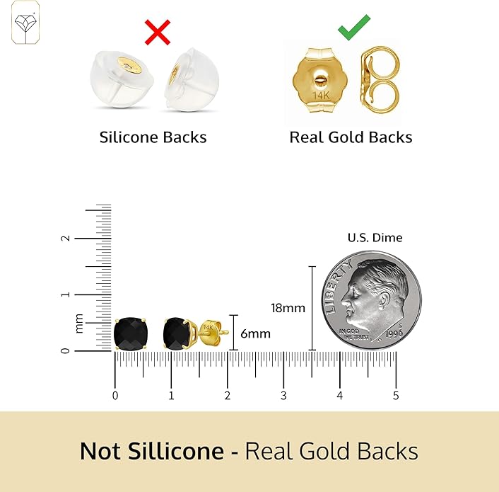 14k Gold 6MM Cushion Cut Stud Gemstone Earrings | Hypoallergenic Solitaire Gemstone Studs with 14K Gold Backs | Lightweight Birthstone Earrings with Gift Box by MAX + STONE