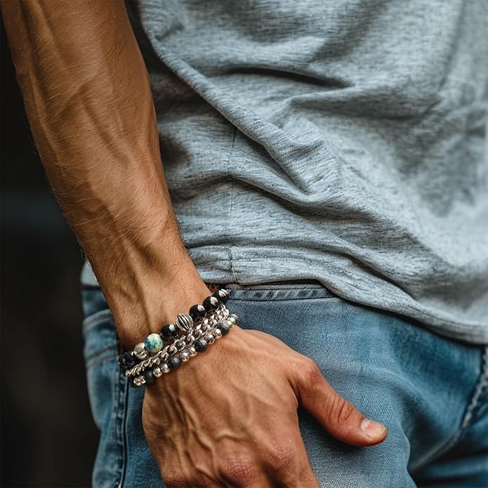 3pc Mens Beaded Bracelets Silver Stainless Steel Chain Bracelet for Men Handmade Braided Bracelet Sets Jewelry Gifts for Men