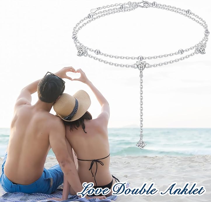 925 Sterling Silver Ankle Bracelet for Women Heart Multilayer Anklets Dainty Beaded Chain Adjustable 9+1 Inches for Summer Cute Beach Foot Jewelry