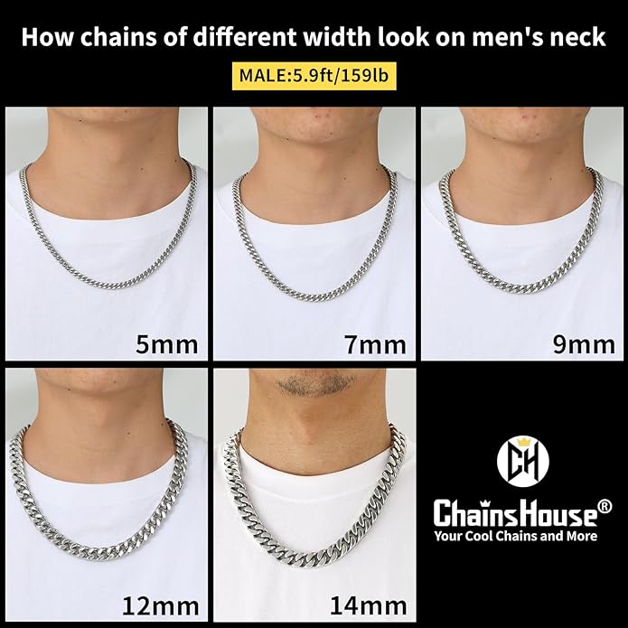 ChainsHouse Stainless Steel Mens Cuban Link Chain, Black/ 18K Gold Plated Miami Cuban Chain Necklace, 5mm/7mm/9mm/12mm/14mm Width, No Tarnish& Durable Hip Hop Mens Jewelry, 18"-30", Send Gift Box