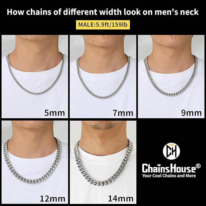 ChainsHouse Stainless Steel Mens Cuban Link Chain, Black/ 18K Gold Plated Miami Cuban Chain Necklace, 5mm/7mm/9mm/12mm/14mm Width, No Tarnish& Durable Hip Hop Mens Jewelry, 18"-30", Send Gift Box
