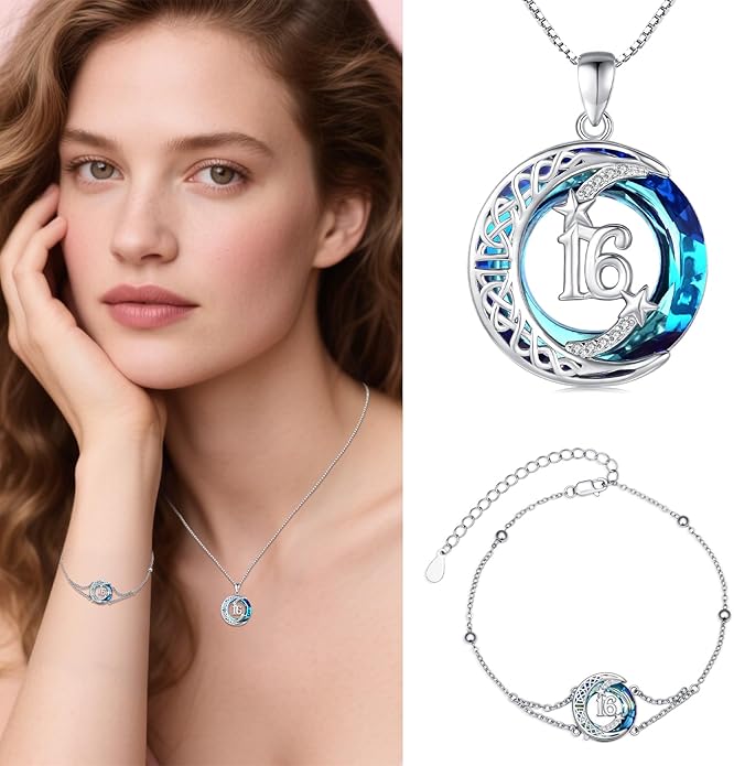 JUSTKIDSTOY Birthday Gifts Bracelet for Women Girls 925 Sterling Silver Celtic Moon Star Bracelets with Blue Crystal Pendant Jewelry for Sister Friends