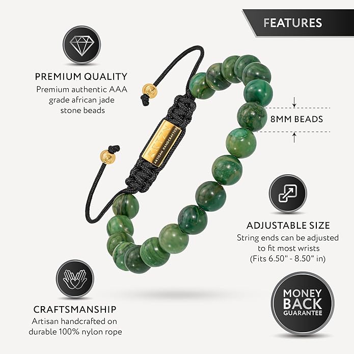 RTZN Jade Bracelet for Men – Premium Artisan Handcrafted Authentic Dark Green Jade Bracelet – 8MM Beaded Stone Mens Jade Bracelets