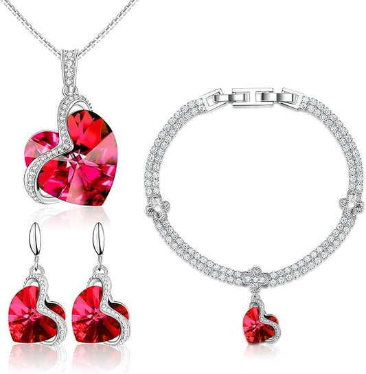 Blissful Heart Crystal Jewelry Sets For Women 18K White Gold Plated Bracelet Necklace and Earrings Sets for Wife Girlfriend or Mothers Idea Gift for Special Women in Life