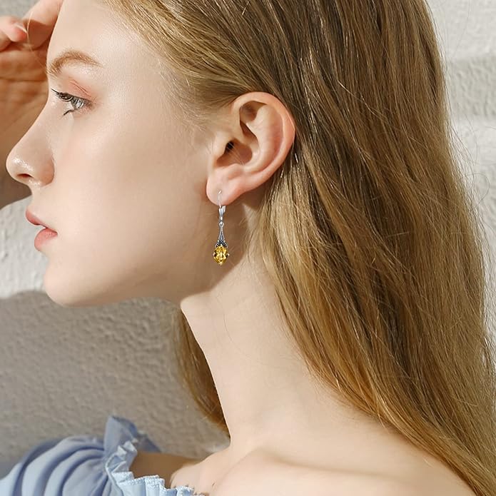 AOBOCO Vintage Earrings for Women Sterling Silver Retro Drop Dangle Leverback Earrings with 8x6mm Oval Genuine or Simulated Birthstone Crystal from Austria, Anniversary Jewelry Gifts for Her Women