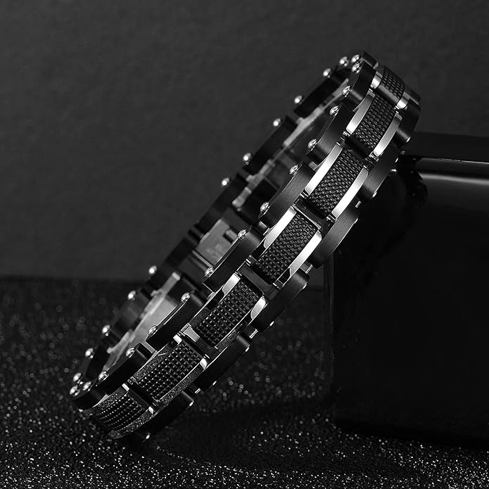 Men's Stainless Steel Two-Tone Square Link diamond Bracelet in Black & Blue Ion-Plated Black