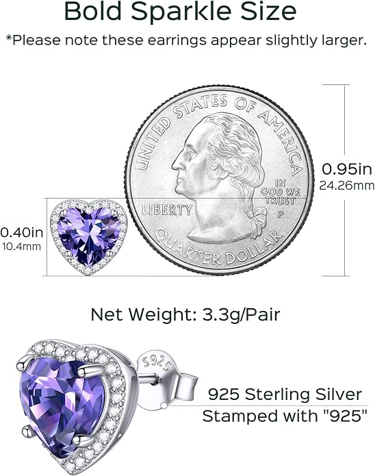 ChicSilver 925 Sterling Silver Birthstone Earrings for Women, 8MM/2 Carat Heart & Round Cubic Zirconia Stud Earrings, Hypoallergenic Jewelry, Ideal Birthday or Christmas Gifts