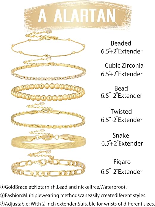 Gold Bracelets for Women 14K Gold Plated Stack Trend Bracelets Charm Paperclip Chain Cuban Link Layered Waterproof Bracelet Dainty Bracelet for Women Jewelry Gifts