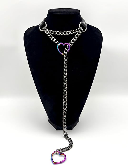 Black Leather Choker Collar For Women, Handmade Heart Slip Chain Choker Long Necklace with Adjustable Buckle