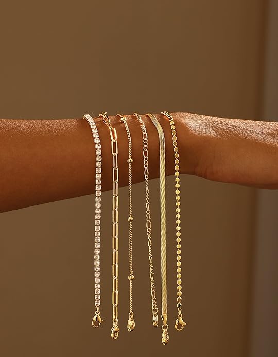 DEARMAY Waterproof Gold Plated Bracelets Set for Women Trendy, Dainty 14K Gold Jewelry Fashion Stackable Tennis Beaded Figaro Herringbone Paperclip Link Bracelet Pack Stack Gifts for Women