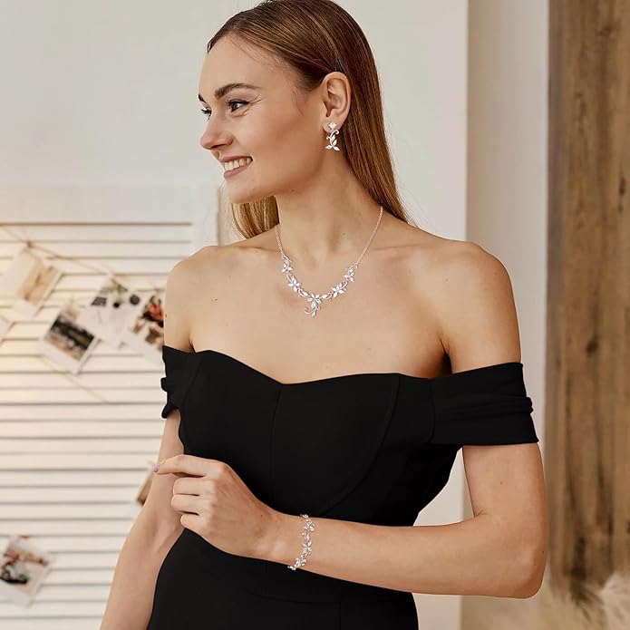 Crysdue Flower Leaf Wedding Jewelry Set for Bridal Bridemaid, Cubic Zirconia Teardrop Elegant Silver/14K/Rose Gold Plated Vine Necklace Dangle Earrings for Prom Party