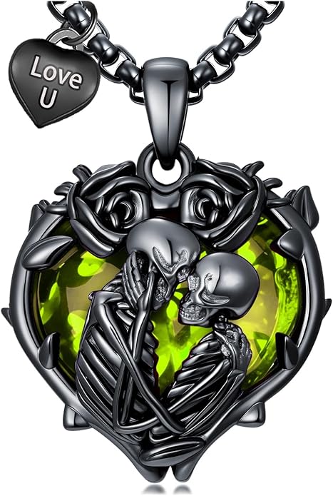 Flpruy 925 Sterling Silver Black Gothic Jewelry Gifts Skeleton Couple Pendant Crystal Birthstone Heart Necklace Punk Romantic Jewelry for Lover Men Women