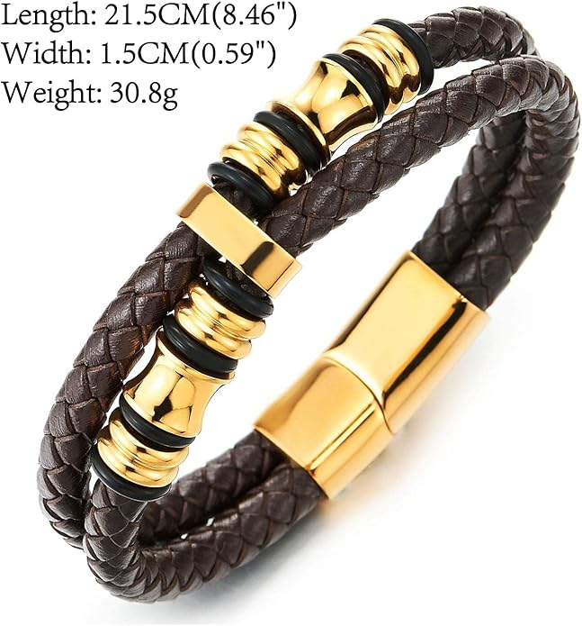 COOLSTEELANDBEYOND Mens Double-Row Braided Leather Bracelet Bangle Wristband with Stainless Steel Ornaments