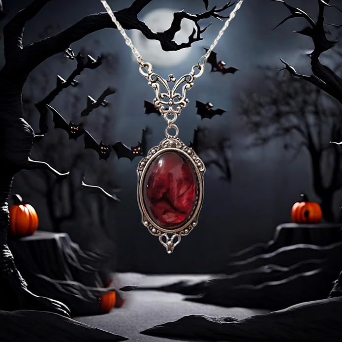 Gothic Vampire Necklace Vintage Stardust Crystal Cameo Pendant Necklace Punk Style Vampire Pendant Oval Necklace Satanic Demon Red Pendant Necklace Jewelry