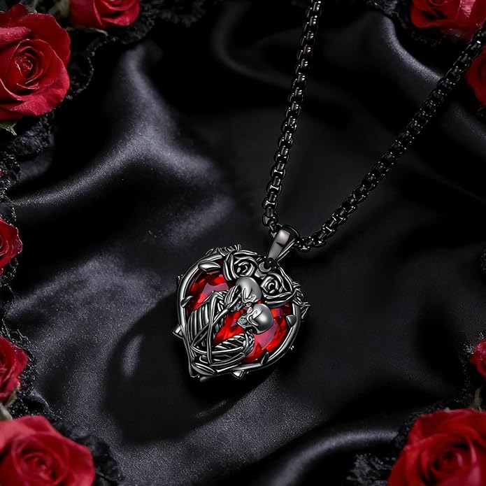 Flpruy 925 Sterling Silver Black Gothic Jewelry Gifts Skeleton Couple Pendant Crystal Birthstone Heart Necklace Punk Romantic Jewelry for Lover Men Women