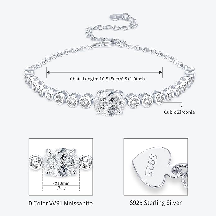3CT Oval Moissanite Link Bracelet, 8x10mm Oval Cut D Color VVS1 925 Sterling Silver Adjustable Moissanite Bracelets for Women Mom Birthday Jewelry Gifts