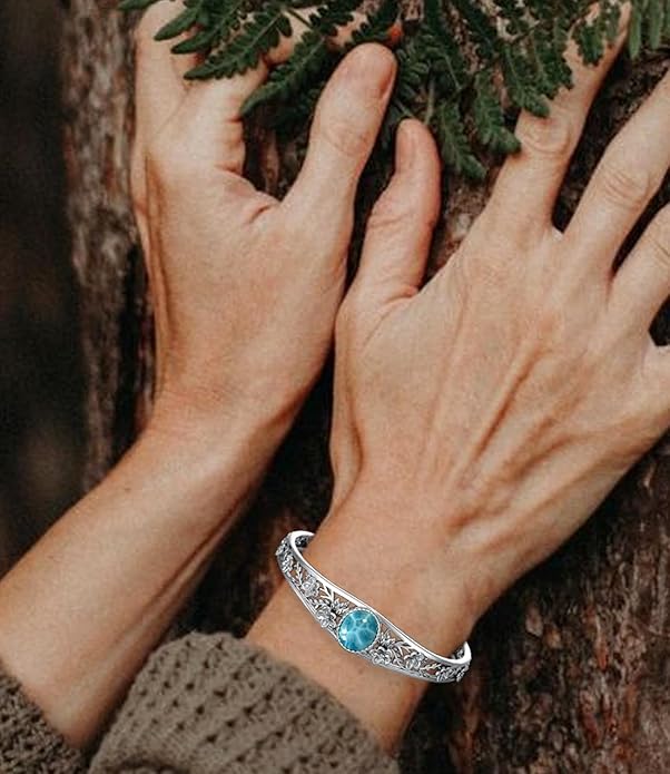 Genuine Turquoise Vintage Flower Bracelet Bangle, Sterling Silver Boho Adjustable Bangle Cuff Native American Jewelry for Women, Fit for 6.5 7 7.5 Inches