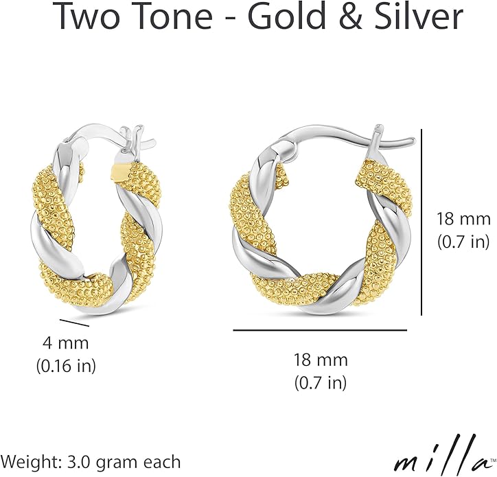 Milla Two Tone Earrings - Small Twisted 14K Gold and Sterling Silver Plated Mixed Metal Earrings, Lightweight and Hypoallergenic