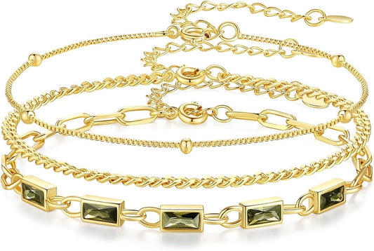 Gold Birthstone Bracelet for Women, 18K Gold Plated Layered Jewelry Bracelet Set, Women Dainty Stackable Bracelets Link Paperclip Chain Valentines Day Gift for Women