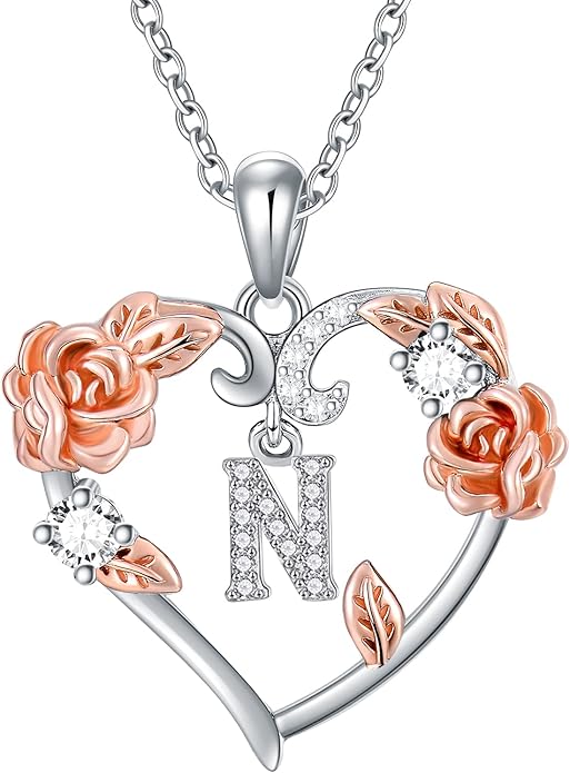AOBOCO Rose Heart Necklaces Valentines Gifts for Women, 925 Sterling Silver Rose Love Heart Initial Letter Pendant Necklace Jewelry Mothers Day Christmas Birthday Gifts for Her Mom Wife Girlfriend