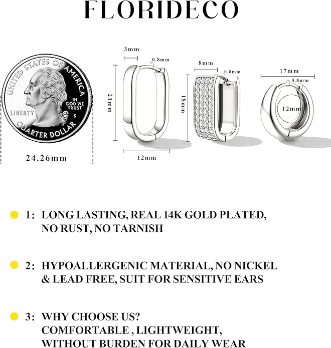 Florideco 3Pairs Chunky Gold Earrings Set 14K Gold Plated Hoop Earrings for Women Trendy Small Thick Huggie Hoops Earring Lightweight Silver Hoop Earring Sets for Multiple Piercing