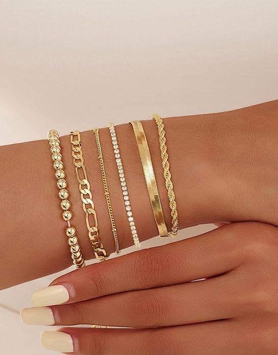 Gold Bracelets for Women 14K Gold Plated Stack Trend Bracelets Charm Paperclip Chain Cuban Link Layered Waterproof Bracelet Dainty Bracelet for Women Jewelry Gifts