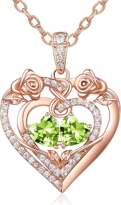 JIYVY32 Rose Heart Necklace for Women Exquisite 925 Sterling Silver Anniversary Birthday Gifts for Wife Mom Her Double Birthstone Pendant Jewelry