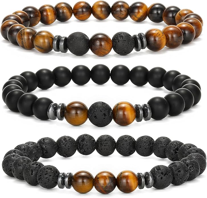 MengPa Mens Beaded Bracelets Couples Matching Bracelet Set Lava Rock Beads for Women Stone Jewelry