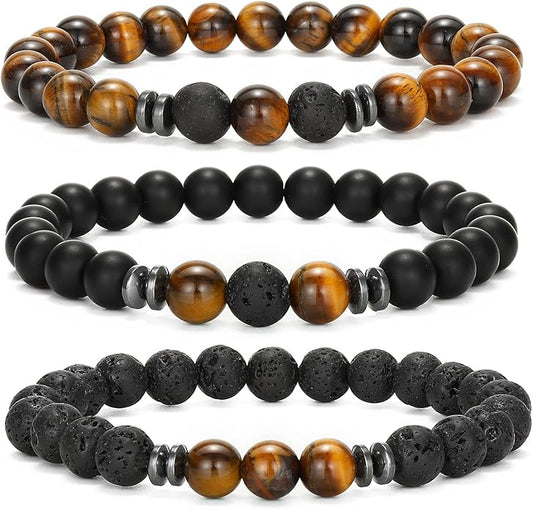 MengPa Mens Beaded Bracelets Couples Matching Bracelet Set Lava Rock Beads for Women Stone Jewelry