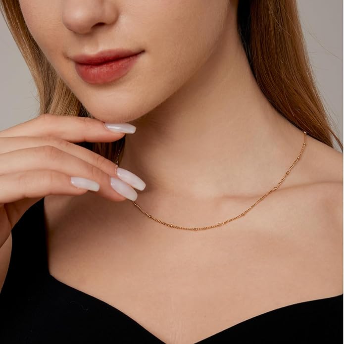 Gold Chain Necklace for Women Dainty 18K Gold Plated Thin Satellite Beaded Turquoise Necklace Simple Gold Boho Jewelry