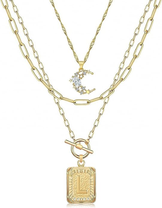 MJartoria Layered Initial Necklaces for Women Trendy, 14K Gold Plated Brass Simple Moon Choker Square Letter Pendant Necklace, Paperclip Chain Necklaces Jewelry Gifts