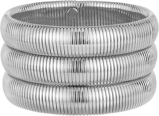 Emibele Gold Bangles Bracelet Set for Women, 18K Gold Plated Chunky Stainless Steel Non Tarnish Stretch Bracelet Stack, Flexible Wide Wristband Bangle Layered Snake Chain Bracelets