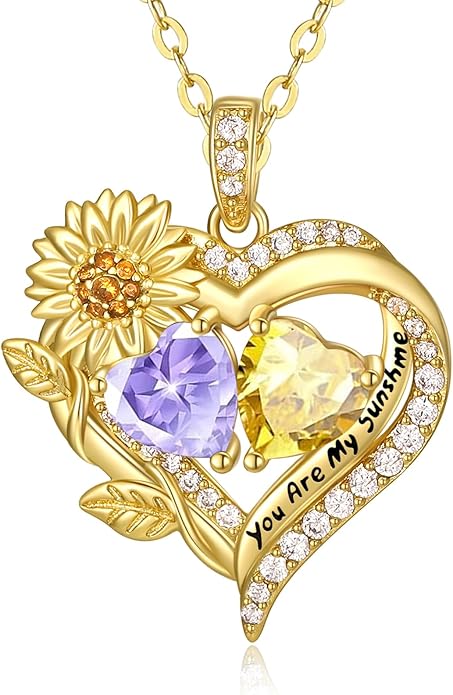 Sunflower Heart Necklace for Women 14K Gold Exquisite Anniversary Birthday Gifts for Wife Mother Her Double Birthstone Pendant jewelry‘You Are My Sunshine’