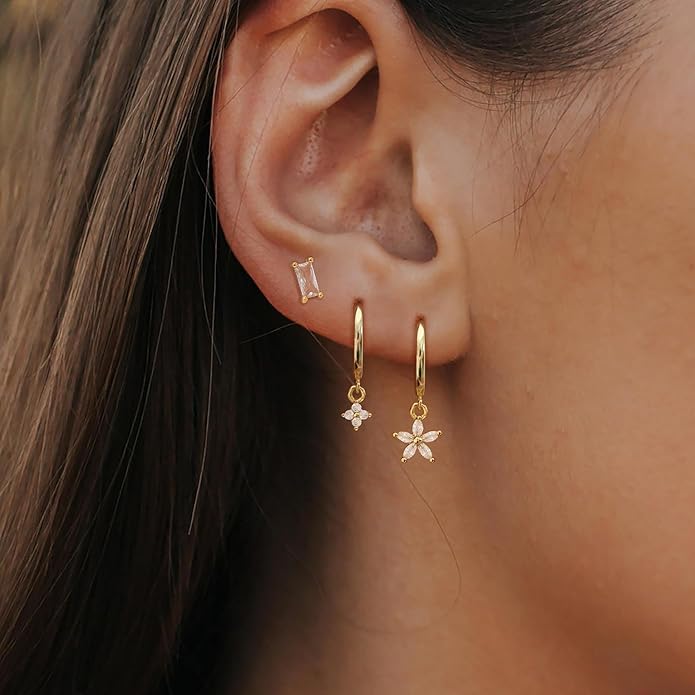 Gold Plated Earrings for Women, 14k Gold Plated Earring Stack Hypoallergenic Pearl Drop Earring Dainty Earrings for Women Trendy Cute Small Huggie Hoop Earring Fashion Womens Jewelry