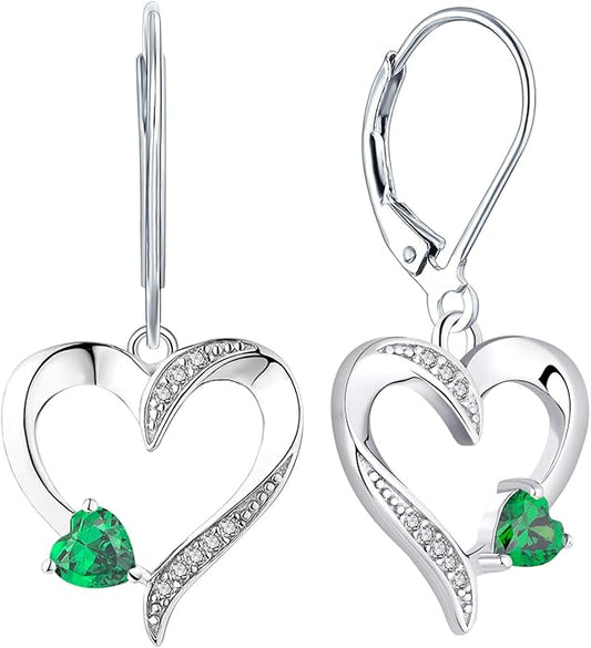 YL Heart Dangle Earrings 925 Sterling Silver Drop Earrings Birthstone Leverback Jewelry for Women