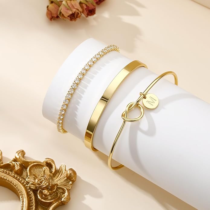Gold Initial Bracelets for Women - Dainty Gold Bangles Bracelets for Women Personalized Initial Bracelet Stackable Gold Knot Cuff Tennis Bracelet Gold Jewelry Bridesmaid Proposal Wedding Gifts