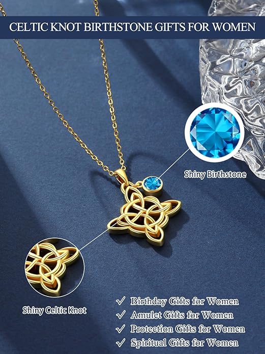 Witches Knot Necklace for Women, 14K Gold Celtic Knot Cross Jewelry with Triquetra Trinity with Birthstone Pendant, Birthday Witchy Spiritual Gifts for Her Wife Mom Grandma, 18+2 Inch Chain