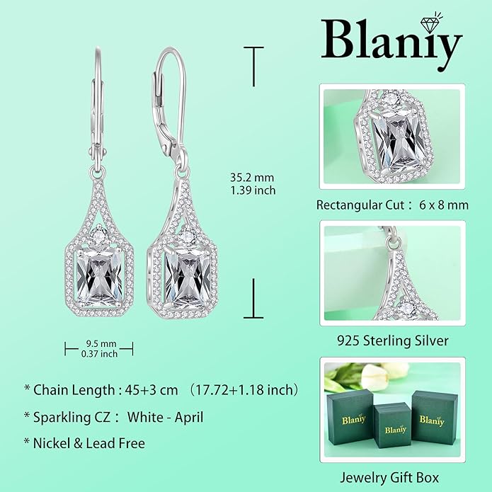 Emerald Cut Dangle Drop Earrings 925 Sterling Silver Halo Rectangular Leverback Earrings Birthstone Jewelry for Women