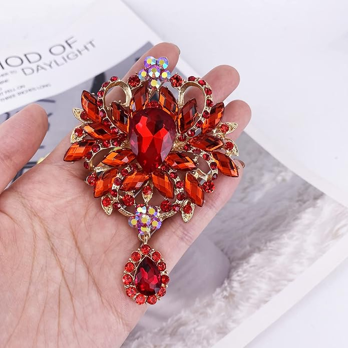 LAXPICOL Wedding Bridal Big Brown Crystal Rhinestone Bouquet Brooch Pin for Women Golden Tone