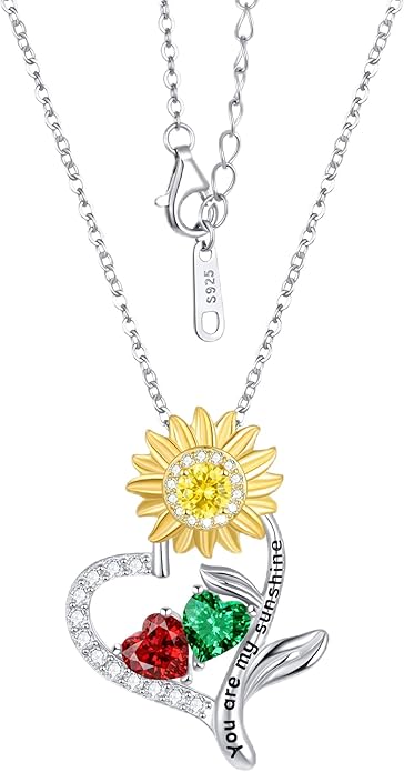 PERJI Valentine's Day Gifts for Women - 925 Sterling Silver Double Birthstone Sunflower Necklace, Anniversary Birthday Jewelry You are My Sunshine Gifts for Wife Couple Girlfriend 18"+2" Non Tarnish