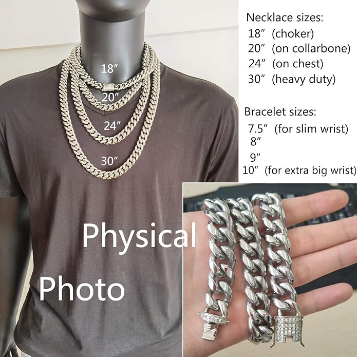 Jxlepe Mens Miami Cuban Link Chain White 15mm Stainless Steel Curb Necklace with cz Diamond Chain Choker