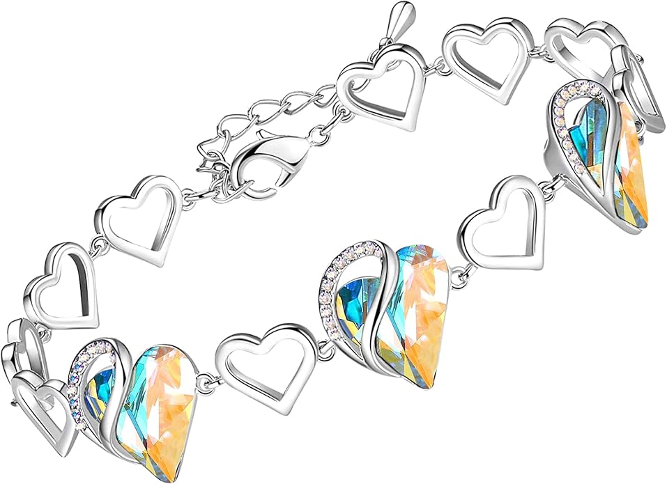 Leafael Infinity Love Heart Link Bracelets, Birthstone or Healing Stone Crystal Bracelet for Women, Silver Tone Jewelry Gifts for Her, 7-inch Chain and 2-inch Extender
