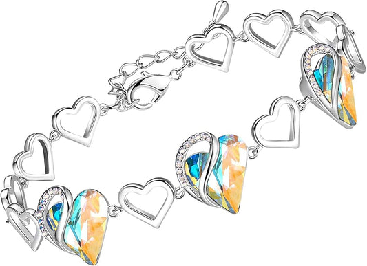 Leafael Infinity Love Heart Link Bracelets, Birthstone or Healing Stone Crystal Bracelet for Women, Silver Tone Jewelry Gifts for Her, 7-inch Chain and 2-inch Extender